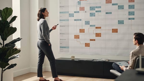 A leader mapping out a technology roadmap on a large planning wall while a colleague reviews it
