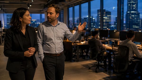 Two professionals walk the floor of a working office as one gestures back toward his team at their desks