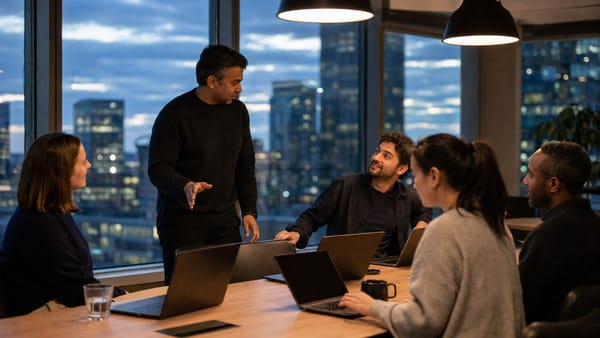 A professional joins a team working together at a shared table in a city office at dusk