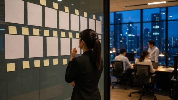 A woman studies a roadmap of notes on a glass planning wall while colleagues work at desks behind her at dusk