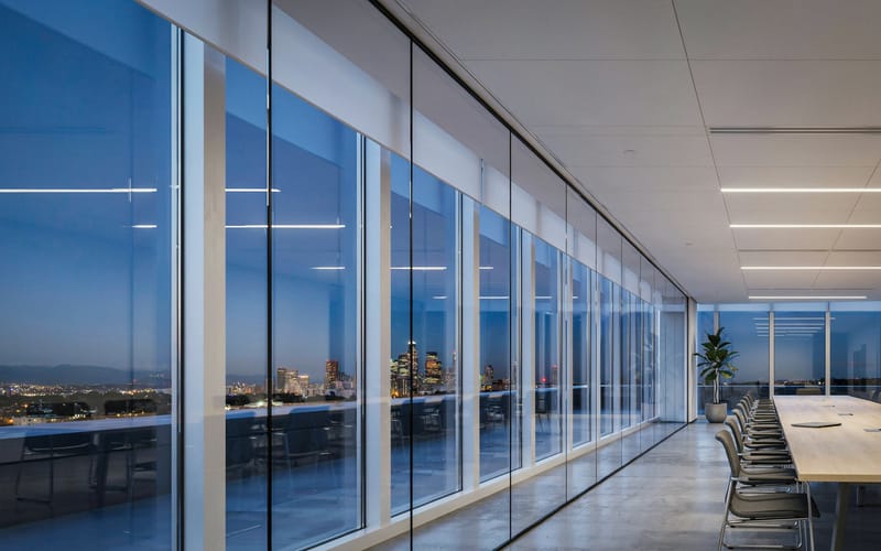 A modern office at dusk with a long window wall of desks overlooking a city skyline