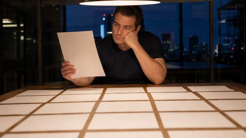 A man compares one sheet against rows of identical pages spread across a table under a single pendant light
