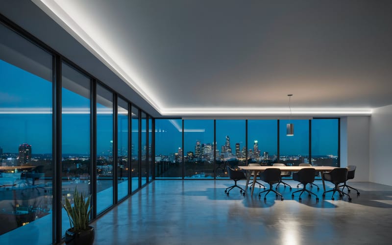 A panoramic office boardroom at dusk with floor-to-ceiling windows overlooking a city skyline
